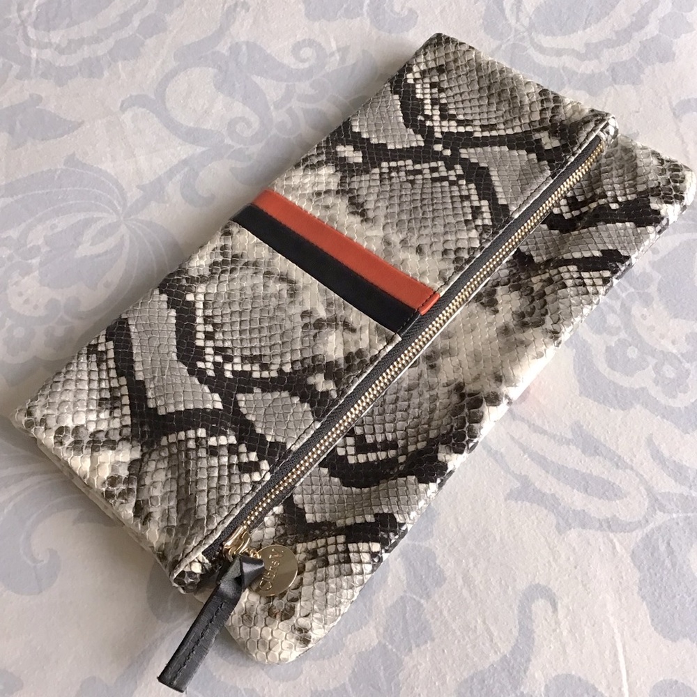 Clare V. Los Angeles Leather Foldover Python, Black & Poppy Clutch